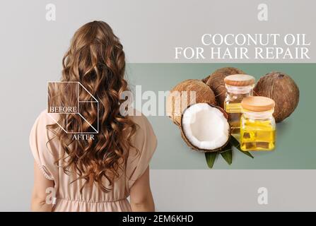 Beautiful young woman before and after using coconut oil for hair on grey background Stock Photo