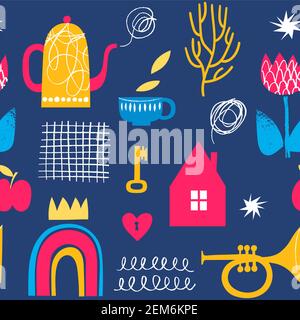 Abstract doodle seamless modern style pattern in bright colors Stock Vector