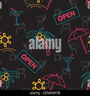 Seamless vector pattern with neon wall lights vintage background. Repeat retro wallpaper design with TV and outlined glowing signs. Stock Vector