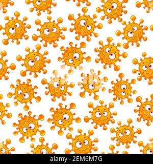 Virus seamless pattern, cartoon microbes on white background. Germs and corona virus rna covid 19 yellow cells with cute smiling faces and red eyes. C Stock Vector