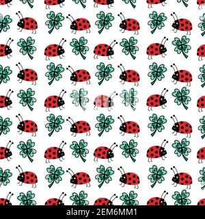 Good luck four-leaf clover and ladybug charms talisman seamless vector pattern. Repeating hand drawn fortune background. Use for New Years, fabric Stock Vector
