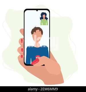 video conference in a smartphone. conference call with colleague. flat vector illustration isolated. Stock Vector