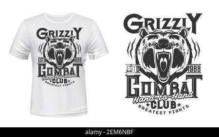 Angry bear mascot t-shirt print vector mockup. Roaring and showing fangs in maw grizzly bear head and typography. Martial arts club, fighting or wrest Stock Vector