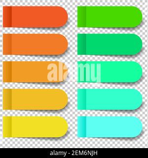 Set of multicolored pieces of stickers and rounded bookmarks isolated on a transparent background. Separate pieces of tape flat realistic illustration Stock Vector