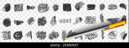 Written by pen or pencil Scribbles drawings doodle set. Collection of hand drawn scribbles of various patterns straight lines geometrical shapes isolated on transparent background Stock Vector