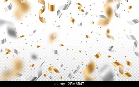 Confetti, golden and silver tinsel falling on transparent background. Vector design of Christmas, birthday and carnival party festive backdrop with fl Stock Vector