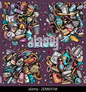 Cleaning cartoon vector doodle designs set. Stock Vector
