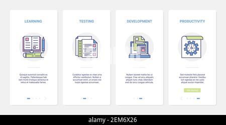 Creative education processes vector illustration. UX, UI onboarding mobile app page screen set with line quality productivity in development of creativity, learning testing educational symbols Stock Vector