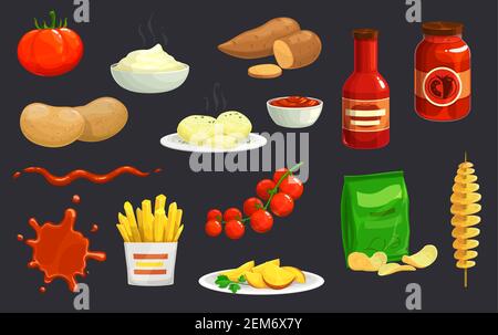 Potato and tomato vegetable dishes vector design of food. Bowl and jars of ketchup, french fries, chips and sauce splashes, raw, boiled, baked and mas Stock Vector