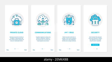 Internet privacy communication protection, antivirus security technology vector illustration. UX, UI onboarding mobile app page screen set with line cloud connection symbols, secure cyber web shield Stock Vector