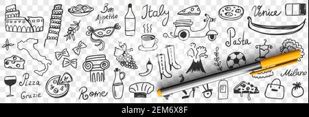 Symbols of Italy doodle set. Collection of hand drawn Italian boots pizza coffee wine sightseeing scooter gondola map mask of carnival cheese volcano pasta isolated on transparent background Stock Vector