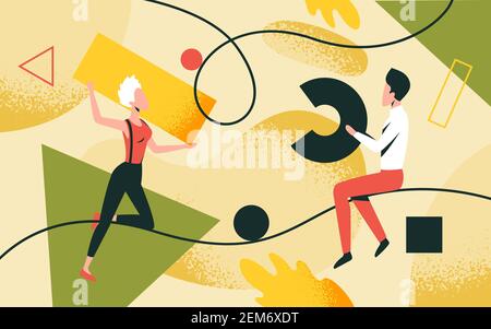 Abstract geometric shapes organization vector illustration. Cartoon people organize colorful diagram figures, work, collect and carry forms of geometry together from chaos contemporary background Stock Vector