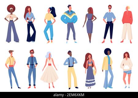 People in old fashion clothing vector illustration set. Cartoon young fashionable female and male characters standing in row, wearing hippie disco boho old fashioned clothes costumes isolated on white Stock Vector