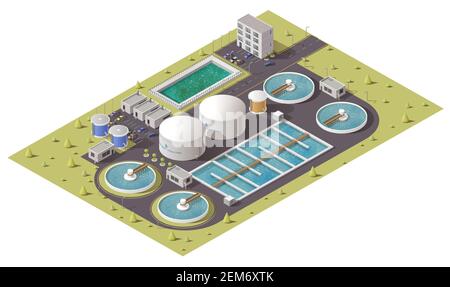 Wastewater or sewage treatment plant, water purification facilities and pumping station equipment isometric design. 3d vector icon of filtration tank, Stock Vector