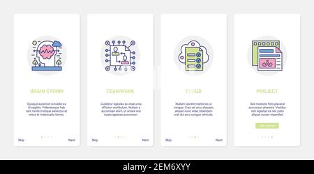 Brainstorm teamwork creative process vector illustration. UX, UI onboarding mobile app page screen set with line brain work for organization, project analytics, cloud internet technology symbols Stock Vector