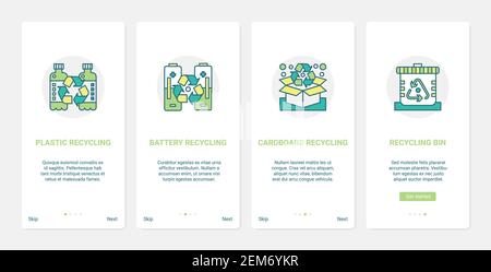 Recycling eco sorting modern technology vector illustration. UX, UI onboarding mobile app page screen set with line plastic bottle cardboard battery sorted into different trash bins to recycle Stock Vector