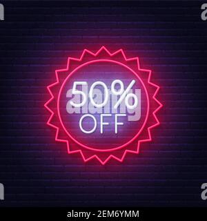 50 percent off neon sign in a heart shape frame. Valentine day discount lighting design . Stock Vector