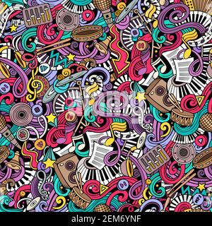 Music hand drawn doodles seamless pattern. Musical instruments background. Stock Vector