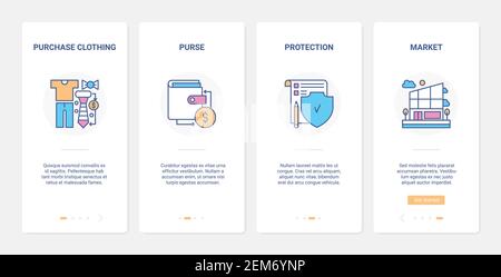 Retail shopping online, money protection technology vector illustration. UX, UI onboarding mobile app page screen set with line safe internet shop or store for buying clothes, purchase goods symbols Stock Vector