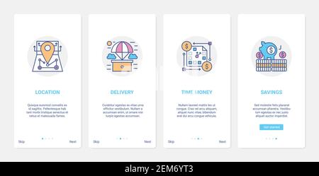 Shopping service, express fast delivery technology to save money vector illustration. UX, UI onboarding mobile app page screen set with line location for deliver courier, savings, moneybox symbols Stock Vector