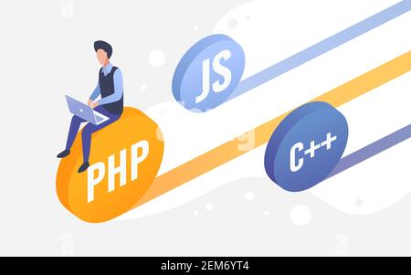 Code development work, web engineering isometric vector illustration. Cartoon 3d programmer coder developer character sitting on programming languages code coins, working with laptop background Stock Vector