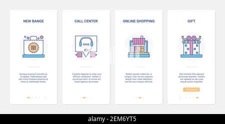 Online shopping service, tech support internet technology vector illustration. UX, UI onboarding mobile app page screen set with line new range in shop store, discount coupon sales and gift symbols Stock Vector