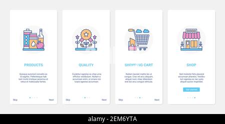 Shopping in grocery store technology vector illustration. UX, UI onboarding mobile app page screen set with line buying quality goods, supermarket shopping cart, basket and shop store building symbols Stock Vector