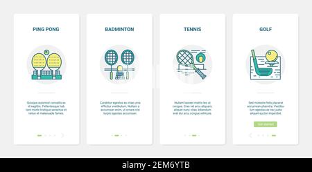 Sport equipment vector illustration. UX, UI onboarding mobile app page screen set with line golf club and ball, rackets for tennis badminton tournament championship, ping pong table sport game symbols Stock Vector