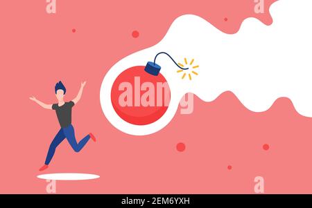 Crisis trouble problem, dangerous obstacle concept vector illustration. Cartoon man character running away from boom danger of big bomb with detonator in fear, safety and explosion risk background Stock Vector