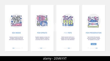 Seafood preserves, sea canned food vector illustration. UX, UI onboarding mobile app page screen set with line fish plate menu with seaweed sprats in can or container, food industry symbol collection Stock Vector