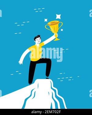 Successful businessman standing on a top of mountain and holding up winning trophy. Business concept Stock Vector