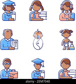 Age and gender differences RGB color icons set Stock Vector