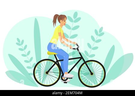 The girl rides a bike. Vector. Side view, woman riding a bike. Do sport. Rest at nature. Cartoon concept. Stock Vector