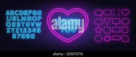 Thank you neon sign in a heart-shaped frame on brick wall background. Blue neon alphabets and pink speech bubble frame. Template for text. Stock Vector