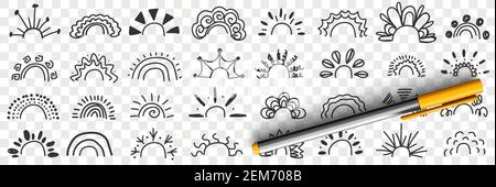 Rainbow patterns and rays drawings doodle set. Collection of hand drawn decorative elegant patterns of rainbows with rays in different shapes isolated on transparent background Stock Vector