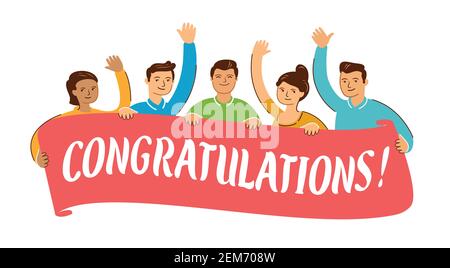 Happy group people holding big placard. Congratulation, event cartoon vector illustration Stock Vector