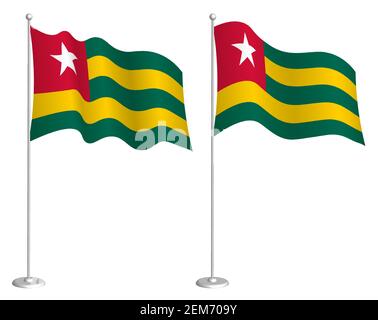 flag of Togolese Republic on flagpole waving in wind. Holiday design element. Checkpoint for map symbols. Isolated vector on white background Stock Vector