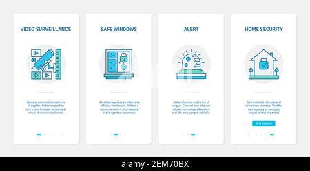 Security video surveillance, privacy automatic, protection vector illustration. UX, UI onboarding mobile app page screen set with line camera equipment, secure safe home window, protect house symbols Stock Vector