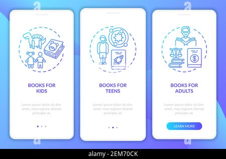 Online library categories onboarding mobile app page screen with concepts Stock Vector