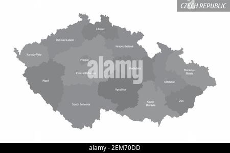 The Czech Republic isolated map divided in grayscale areas with labels Stock Vector