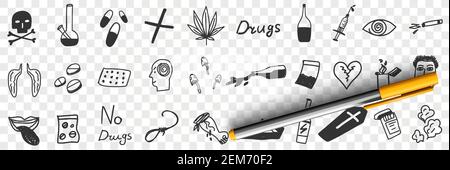 Danger of drugs doodle set. Collection of hand drawn drugs pills lungs alcohol grass bottles addiction symbols poison coffins suicide human brain mushrooms isolated on transparent background Stock Vector