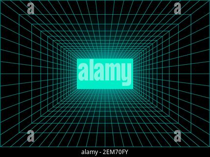 Virtual reality tunnel or wormhole. Perspective grid of empty tunnel with light in the end. Matrix data visualization. Vector Stock Vector