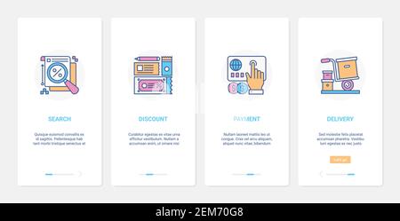 Online shopping profit technology vector illustration. UX, UI onboarding mobile app page screen set with line discount sales search, payment by credit card, free fast delivery from shop symbols Stock Vector
