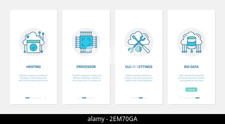 Big data cloud hosting internet technology vector illustration. UX, UI onboarding mobile app page screen set with line modern hardware host server settings, datacenter computer online tech service Stock Vector