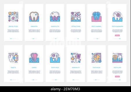 Medical dental diagnosis and clinic treatment vector illustration. UX, UI onboarding mobile app page screen set with line caries, toothache sensitivity and tooth loss, gingivitis gum disease symbols Stock Vector
