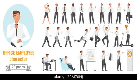 Office workers poses infographic vector illustration set. Cartoon young employee businessman character working, happy winner manager jumping, showing different work positions isolated on white Stock Vector