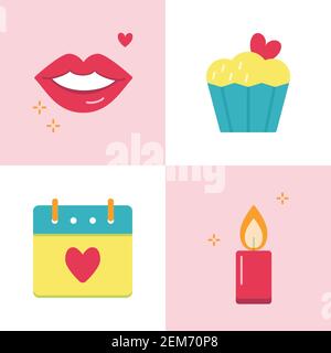 Valentine day romantic icon set in flat style. Love symbols including smiling lips, cupcake with heart, calendar and burning candle. Vector illustrati Stock Vector