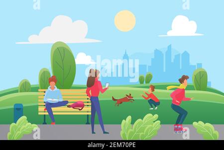 People have fun in green urban city summer park vector illustration. Cartoon boy roller skating, playing training dog, girl walking with phone, young man sitting on bench, cityscape skyline background Stock Vector