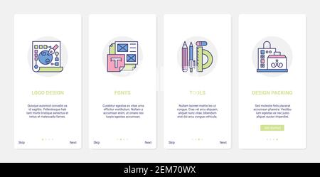 Creative brand design process vector illustration. UX, UI onboarding mobile app page screen set with line designer tools, font and logo for designing of brand packaging, processing modern technology Stock Vector