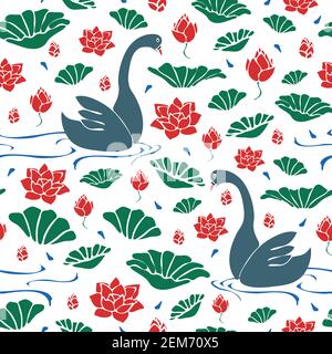 Seamless vector pattern with swans and lotus flowers on white background. Romantic wallpaper design with birds swimming in lake. Stock Vector